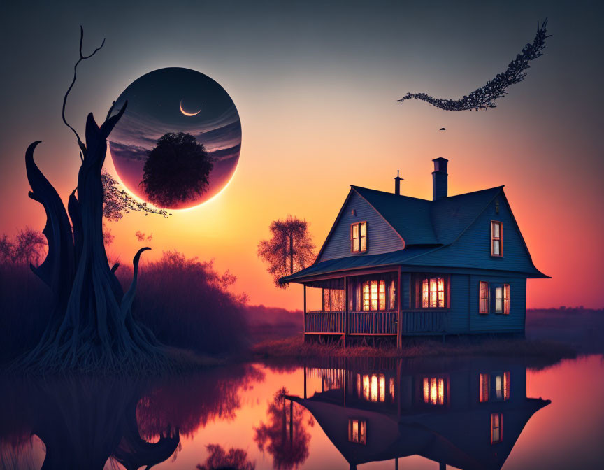 Tranquil twilight landscape with whimsical moon, flying birds, and reflective house by tree