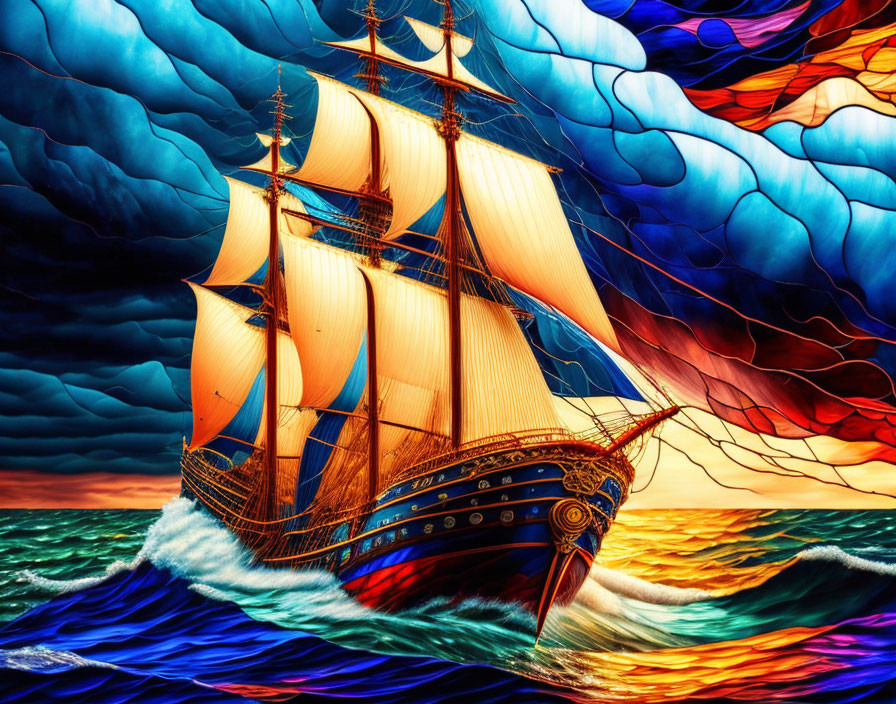 Colorful artistic depiction of majestic sailing ship at sea with exaggerated waves and vibrant sky.