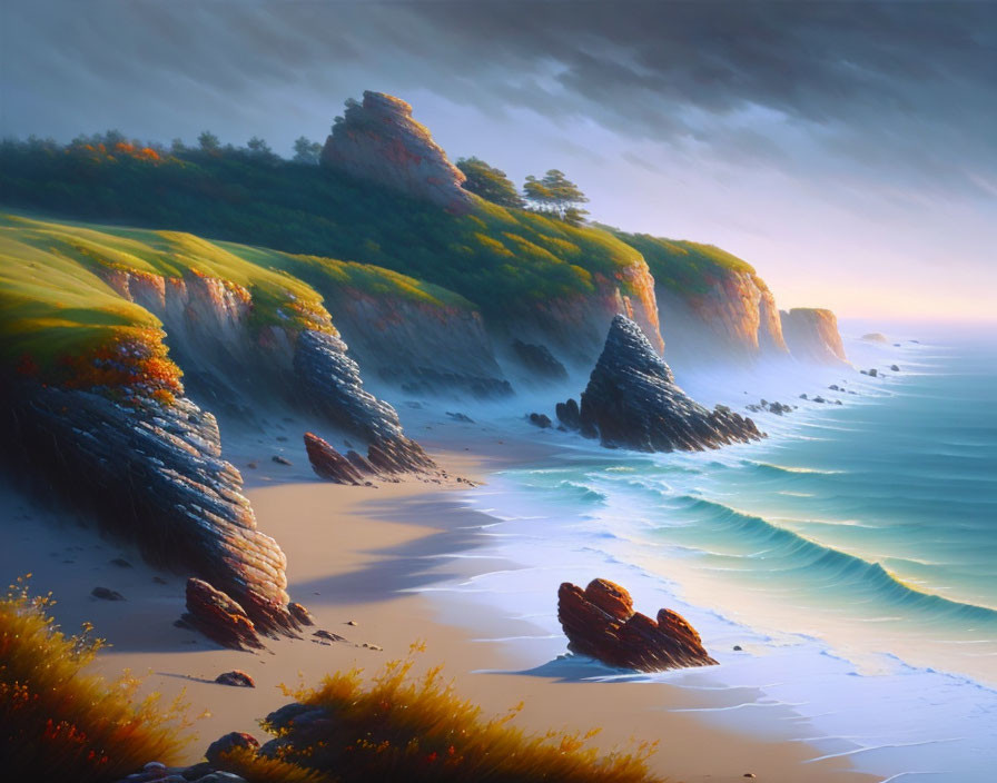 Tranquil beach scene with cliffs, warm hues, and lapping waves