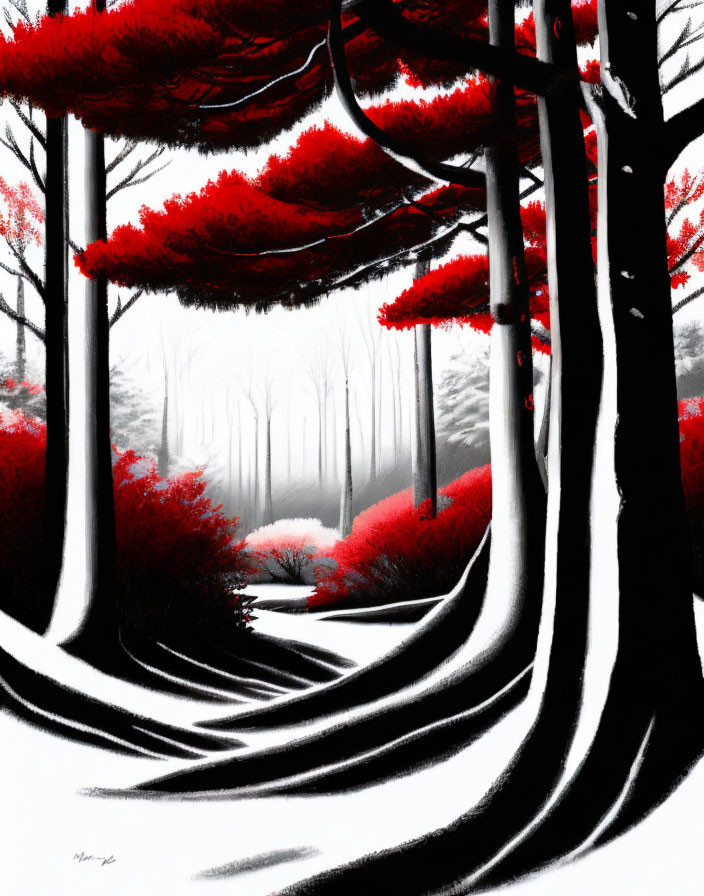 Monochrome forest with red foliage and shadows