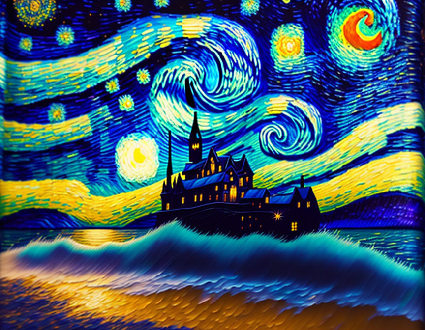 Starry sky painting: crescent moon, castle silhouette, luminous windows