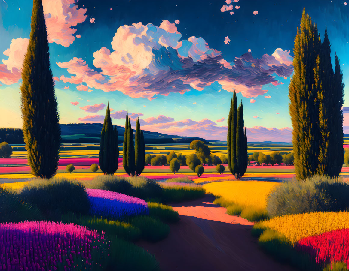 Colorful Flower Fields and Cypress Trees in Dramatic Countryside Landscape