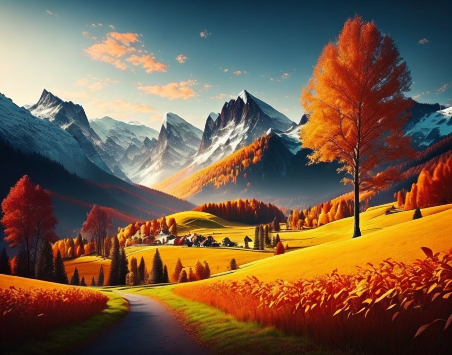 Scenic autumn landscape with orange trees, winding road, hills, and mountains