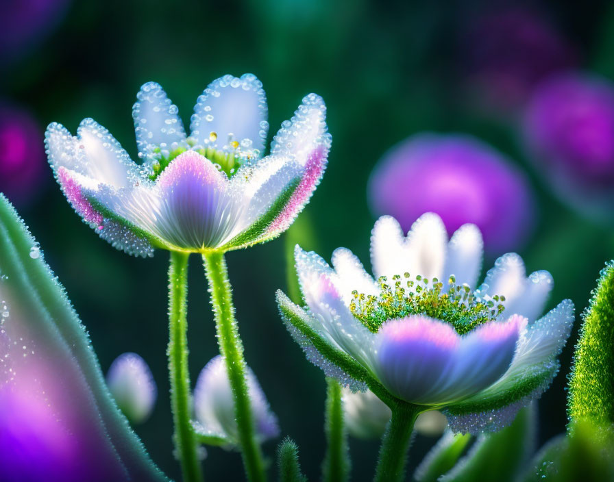 Dew-covered white flowers with green centers on soft purple backdrop