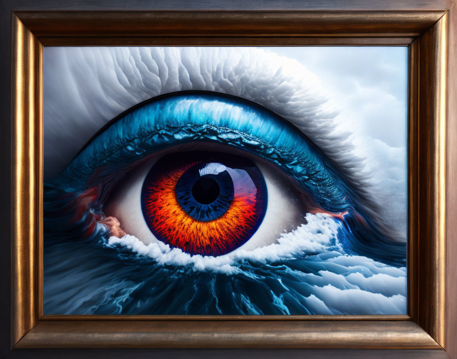 Vibrant blue human eye with surreal cloud-like textures