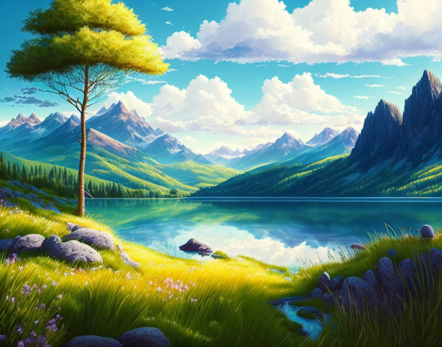 Tranquil landscape: serene lake, towering mountains, lush greenery