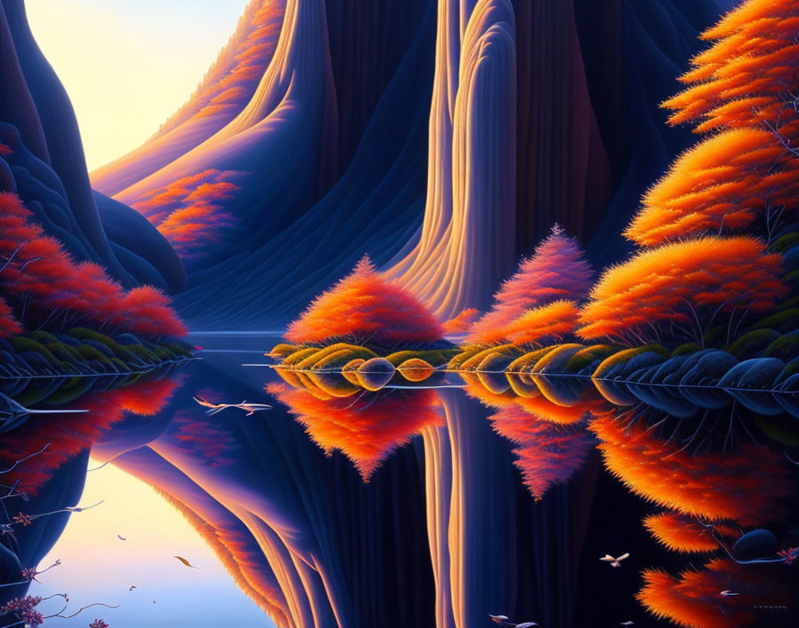 Autumnal digital artwork: Vibrant orange trees reflected in serene water.