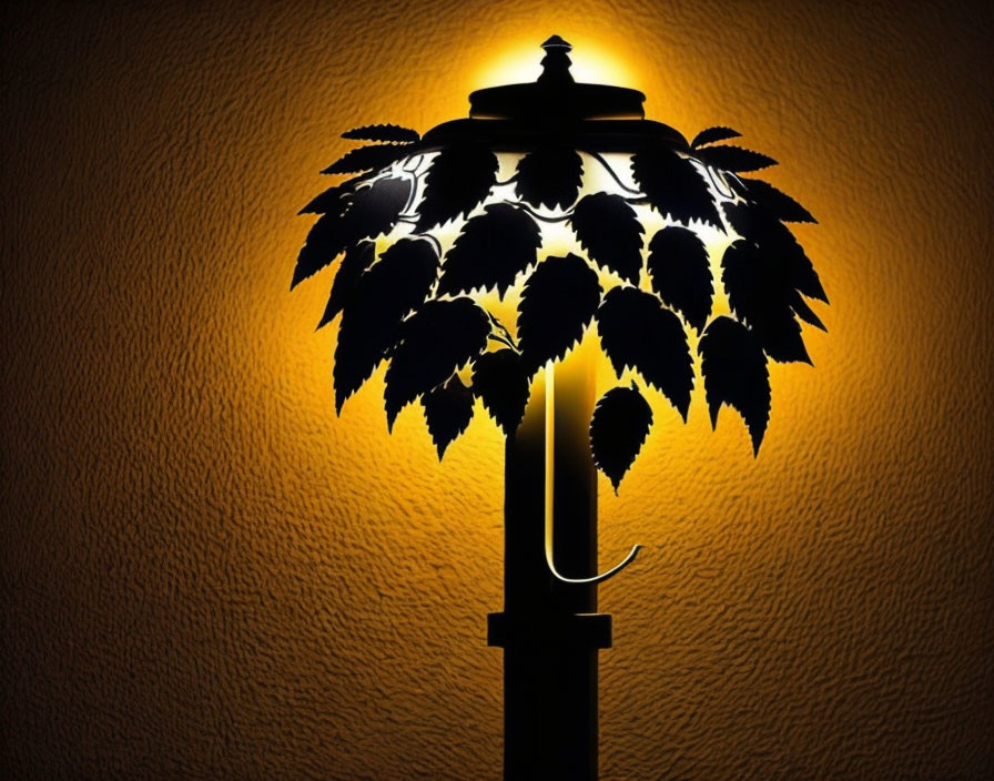 Leafy branch silhouette casting shadow on amber wall by lamp post