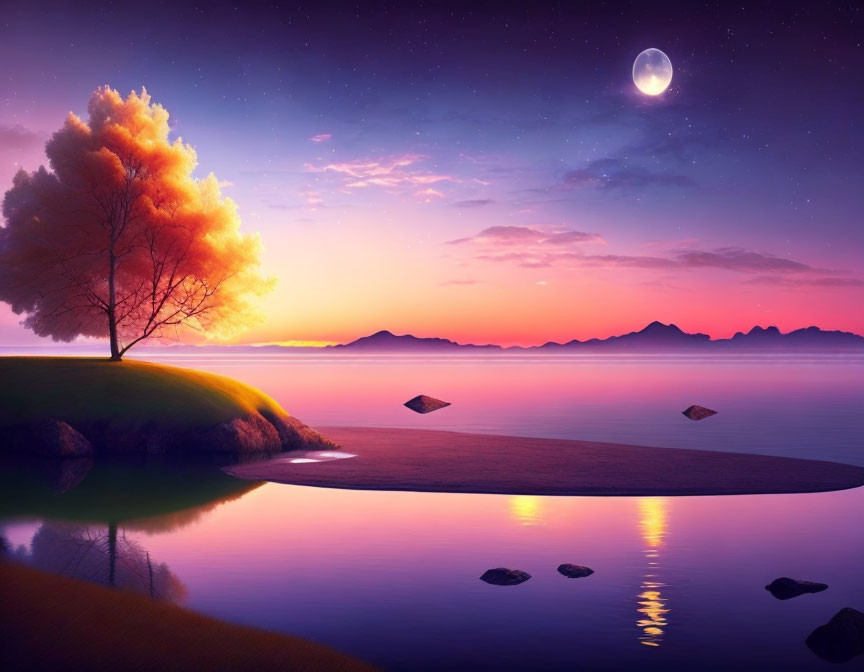 Tranquil twilight landscape with crescent moon, lone tree, still water