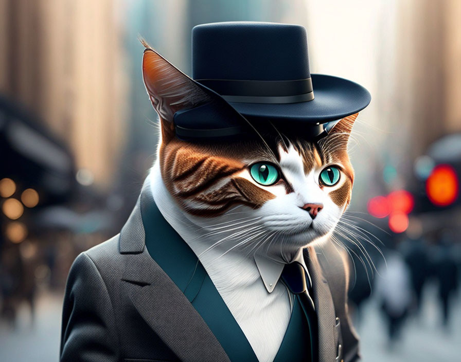 Stylized cat with green eyes in suit and top hat against city backdrop