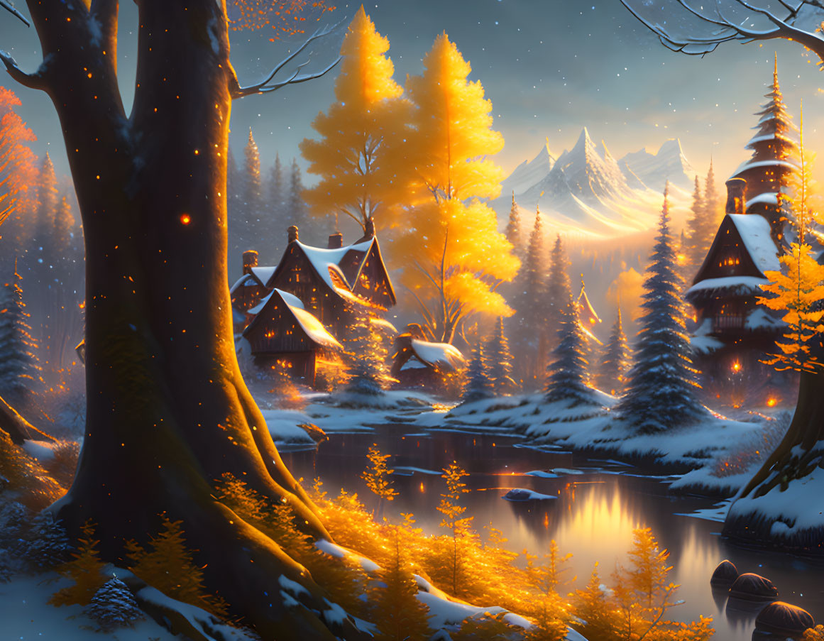 Golden-hued trees, calm lake, cozy cottages in snowy forest twilight