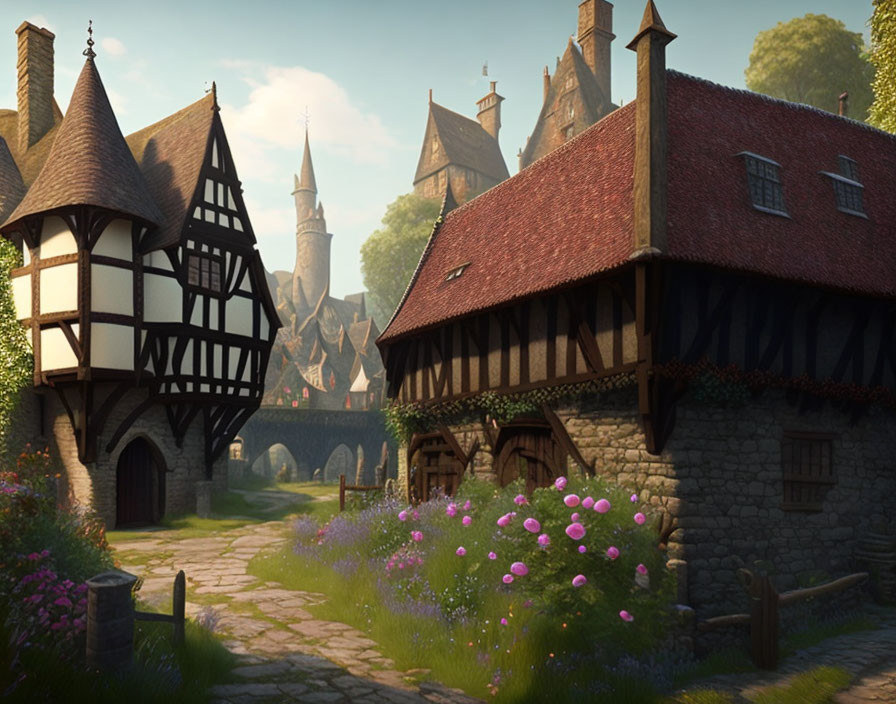 Medieval village with cobblestone paths, half-timbered houses, flowers, and distant