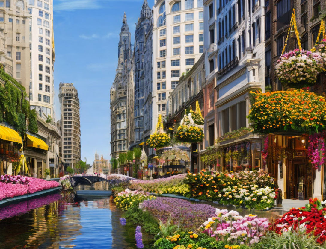 Scenic city canal with colorful flowers and elegant buildings