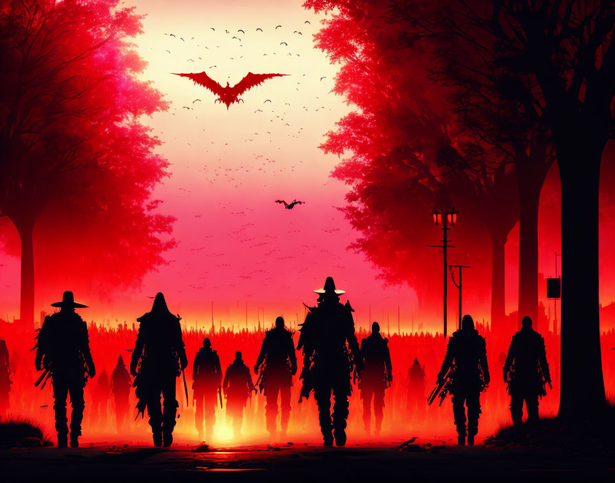 Silhouetted figures walking towards vivid red backdrop with trees and birds - dramatic scene