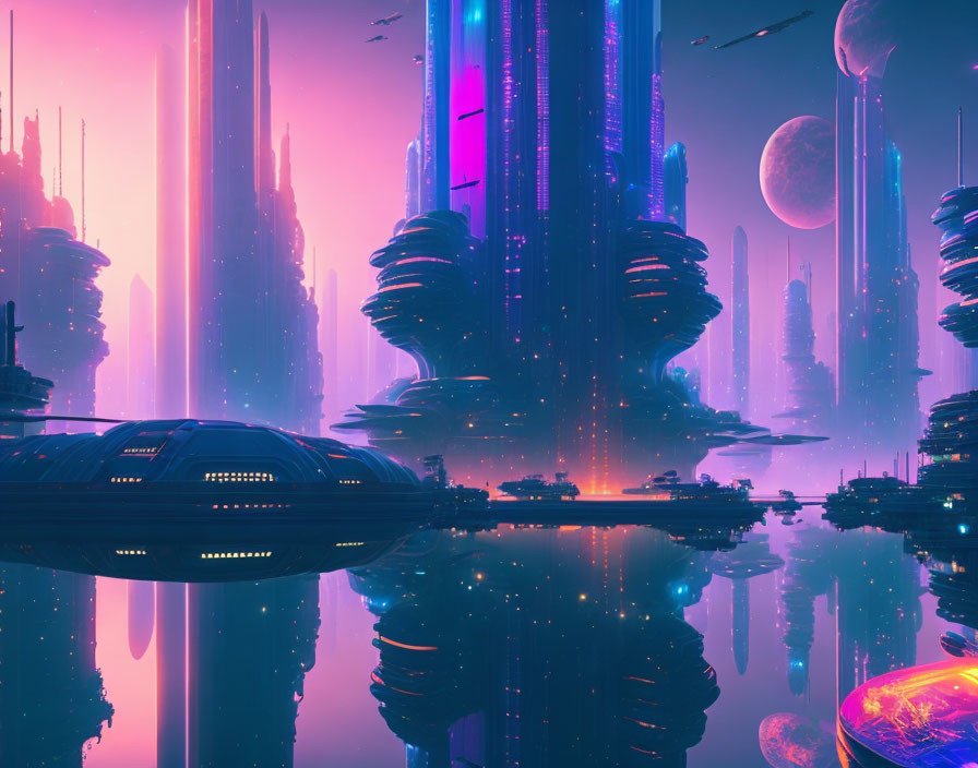 Futuristic cityscape with skyscrapers, pink and blue hues, flying vehicles, and celestial