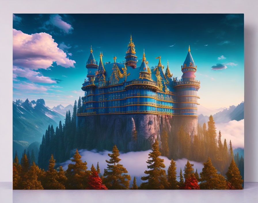 Fantasy castle on cliff with pine forests and mountains at twilight