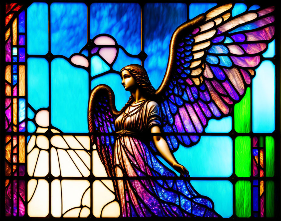 Colorful Winged Figure in Stained Glass Window