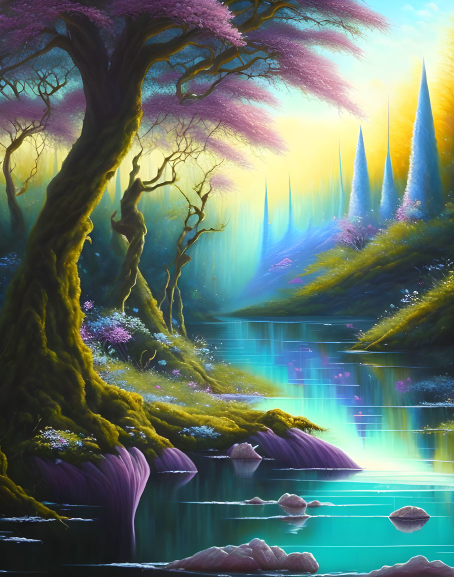 Fantasy landscape with pink river, mossy trees, purple foliage