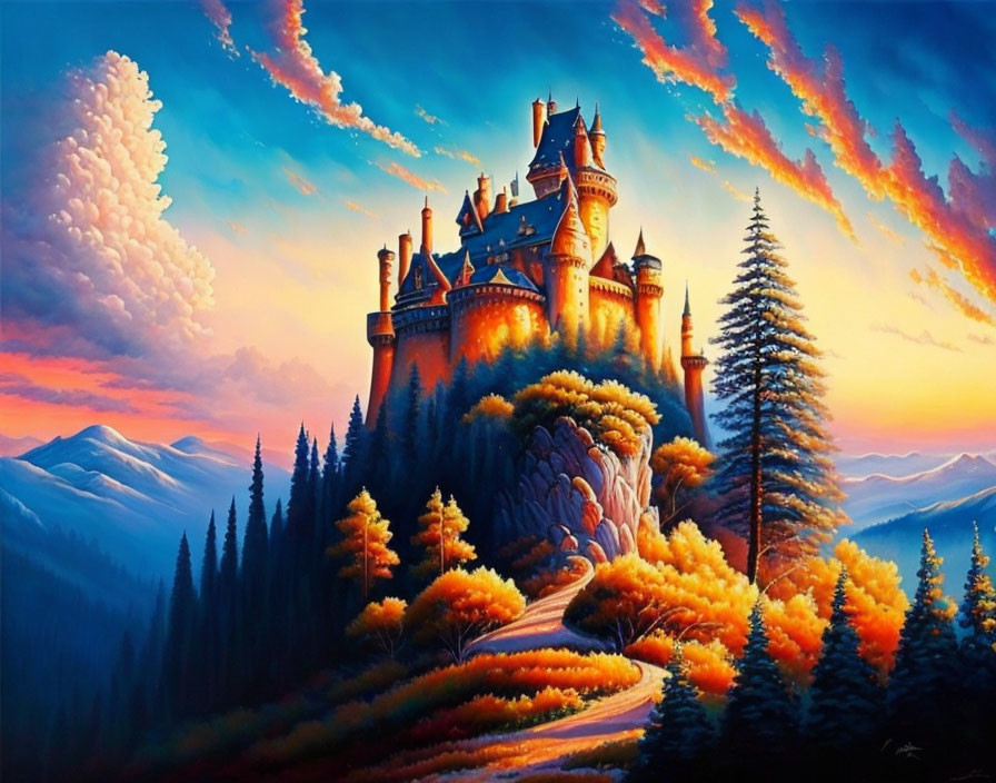 Majestic castle on hill with autumn trees and colorful sunset sky