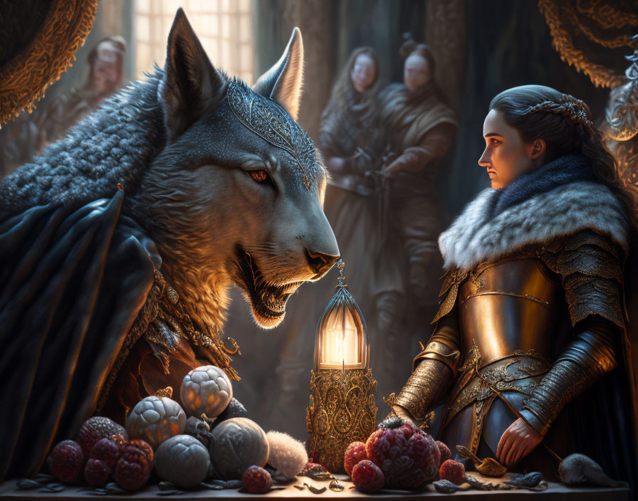 Medieval digital artwork: realistic wolf and knight in golden armor with fruit and lantern.