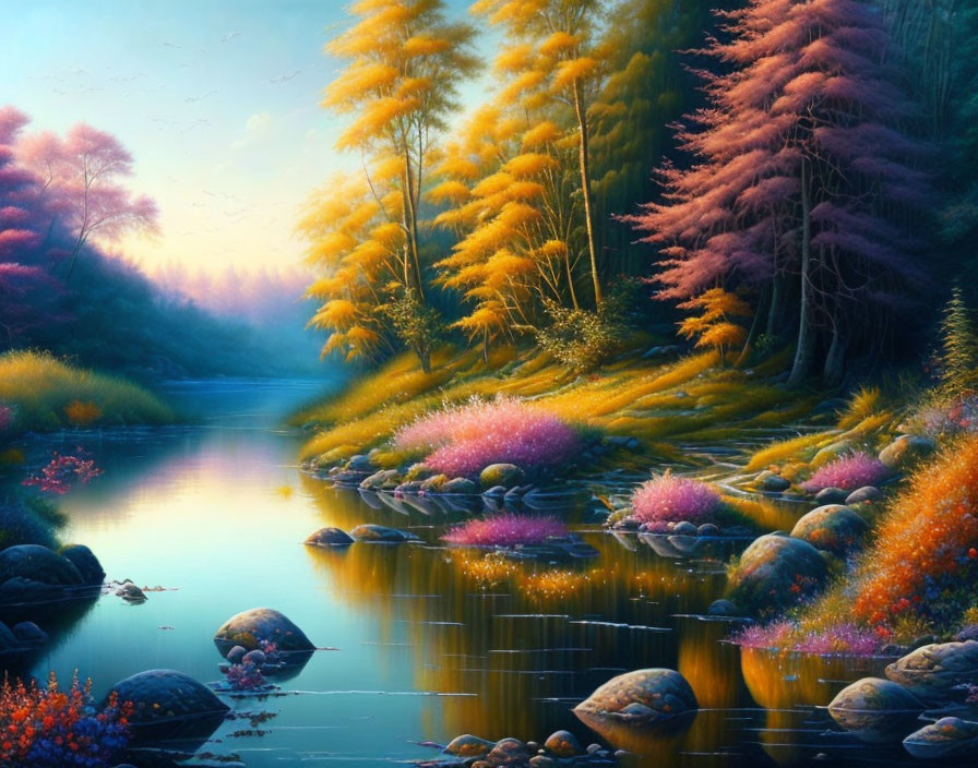 Vibrant landscape with river and colorful trees under soft sunlight