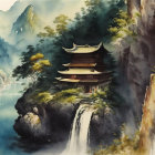 Asian Pagoda Over Waterfall in Mountain Setting