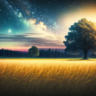 Twilight landscape with golden wheat field, tree, forest, and starry sky