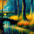 Impressionist-style painting: Bridge over river, ethereal trees, colorful leaves, twilight sky