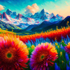 Colorful Flower Meadow Painting with Snow-Capped Mountains