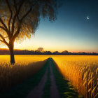 Vibrant sunrise over central path in golden wheat field with tree silhouette