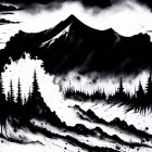 Monochromatic artwork of rugged mountain peak with forest in high-contrast black and white ink.