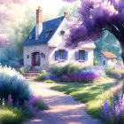 Scenic countryside house with purple flowering trees and stone path