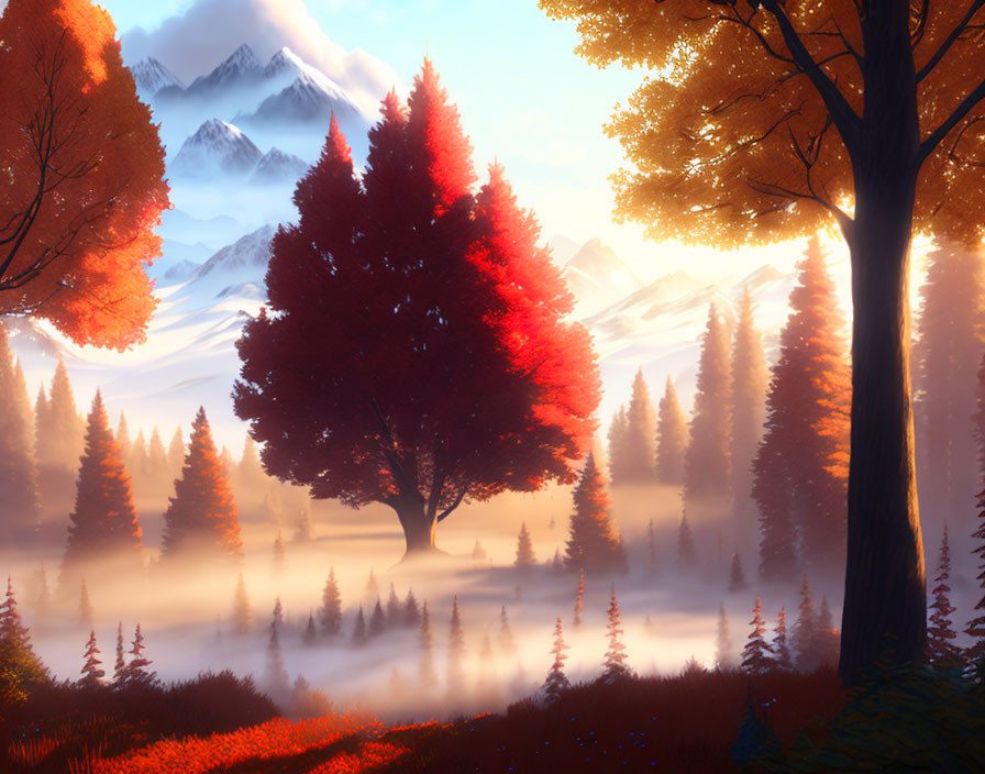 Vibrant autumn landscape with red tree, golden foliage, mist, and snowy mountains