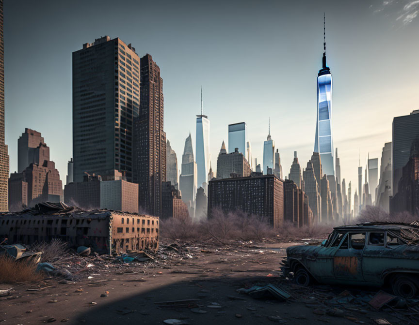 Desolate urban scene with abandoned vehicles and high-rise buildings