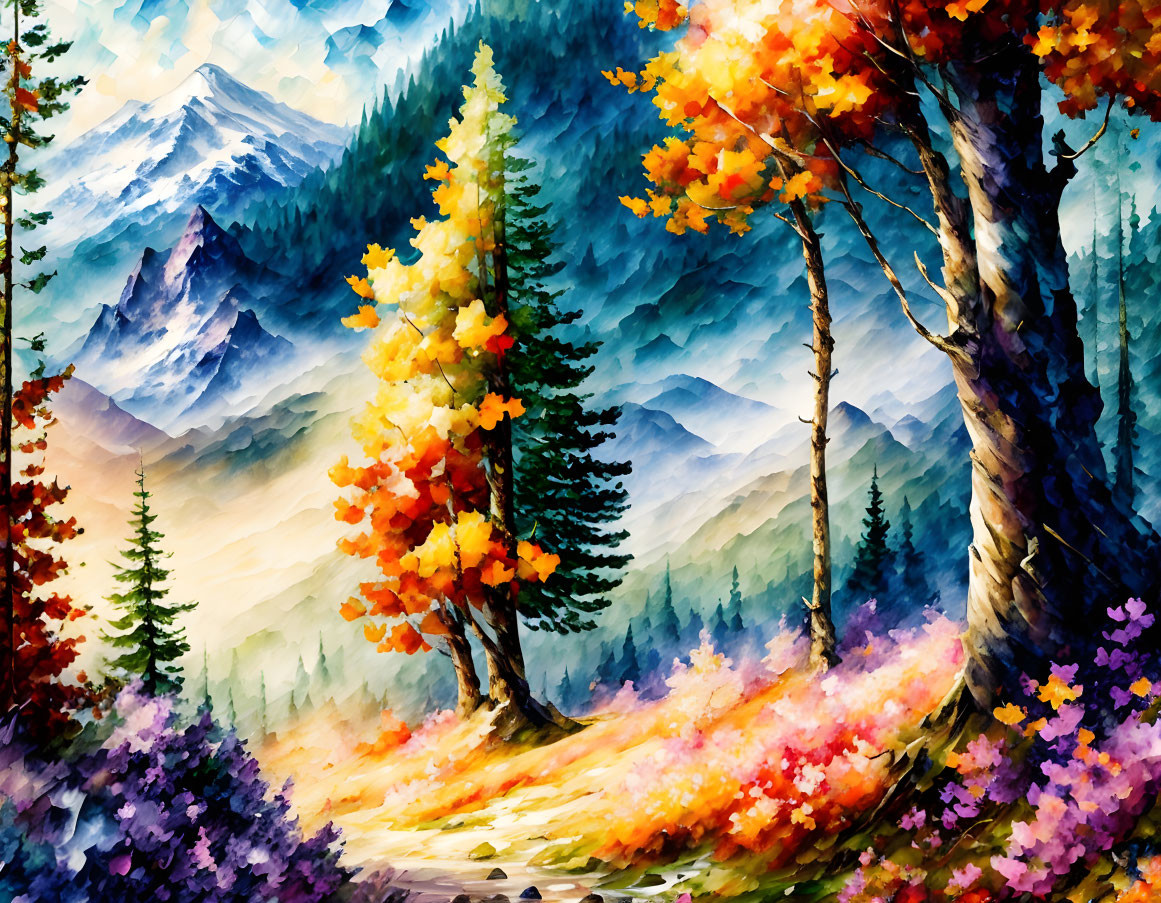 Colorful Watercolor Painting of Autumn Forest Scene