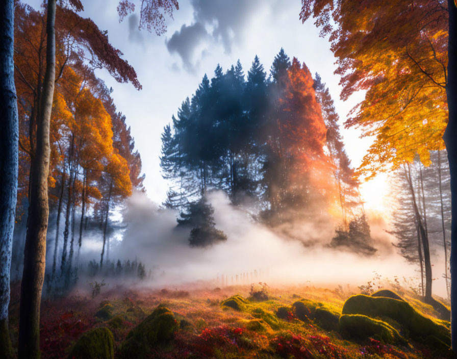 Misty forest at sunrise with vibrant autumn leaves