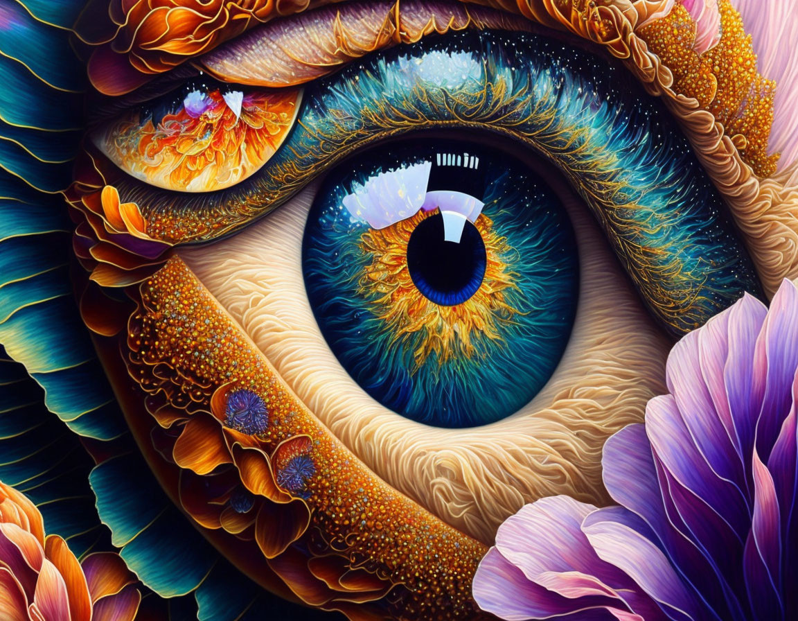 Detailed Close-Up: Fiery Orange Eye with Purple and Gold Floral Patterns