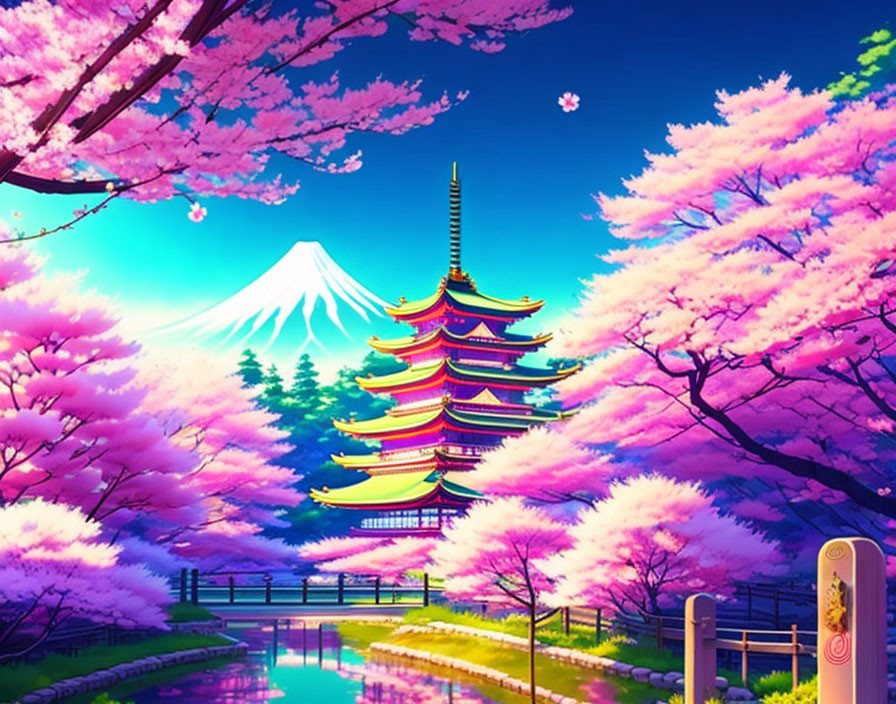 Japanese Pagoda with Mount Fuji and Cherry Blossoms in Vibrant Illustration