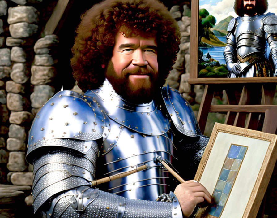 Man in modern hairstyle and beard wearing knight armor holding a painting