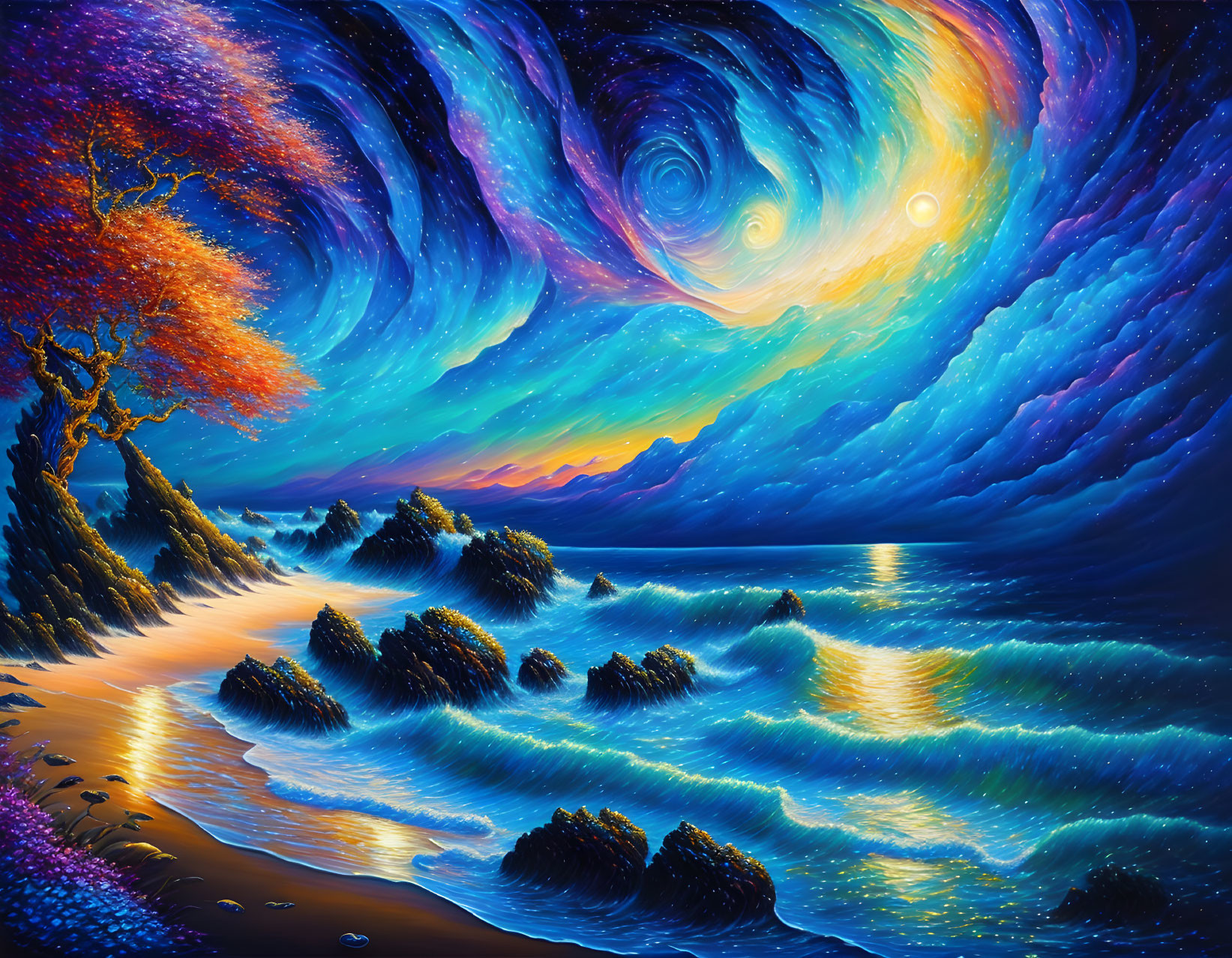 Surreal seascape with celestial sky, glowing sunset, rocky shores, and luminous tree.