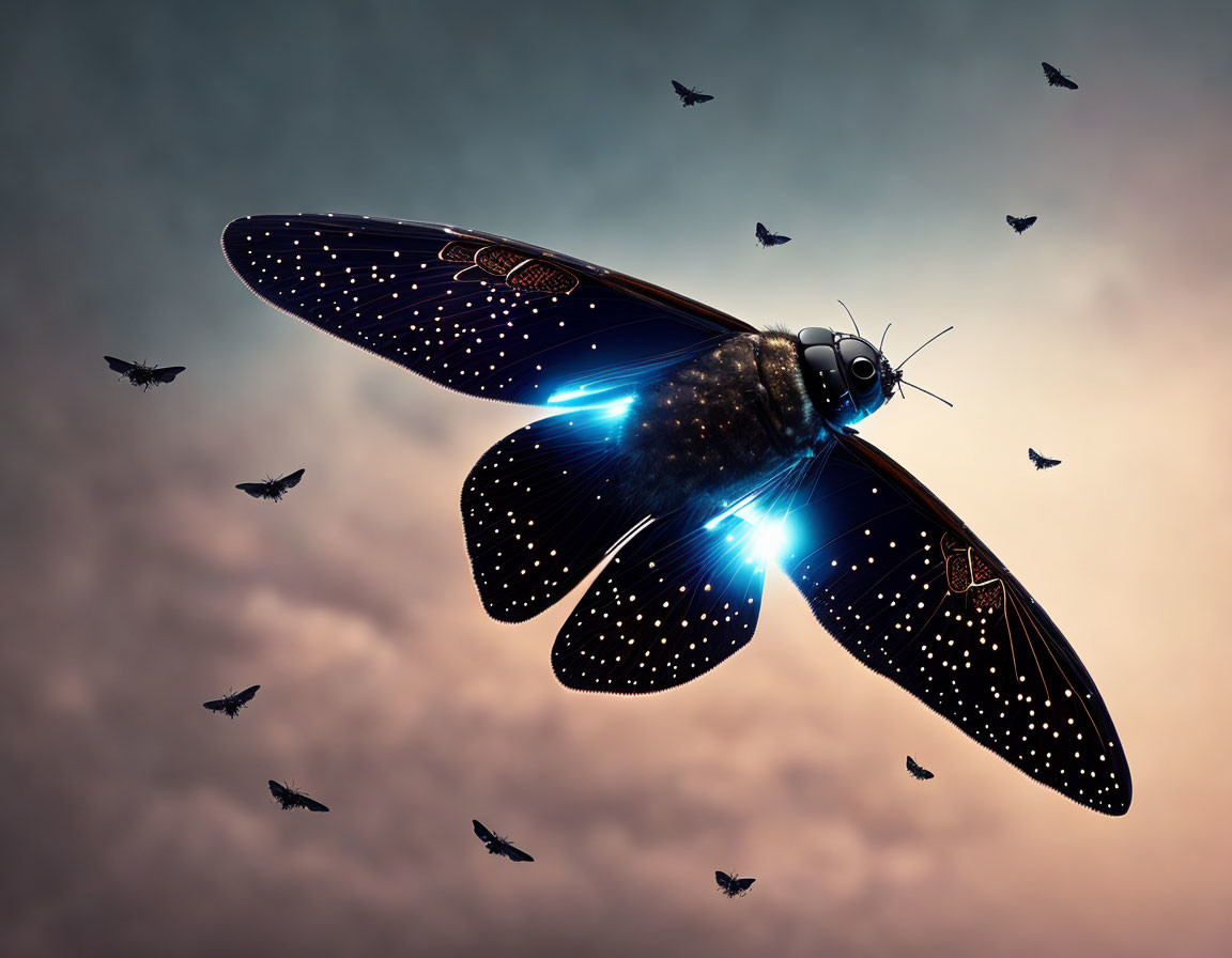 Digital artwork: Mechanical butterfly with glowing blue lights flying among smaller butterflies in twilight sky