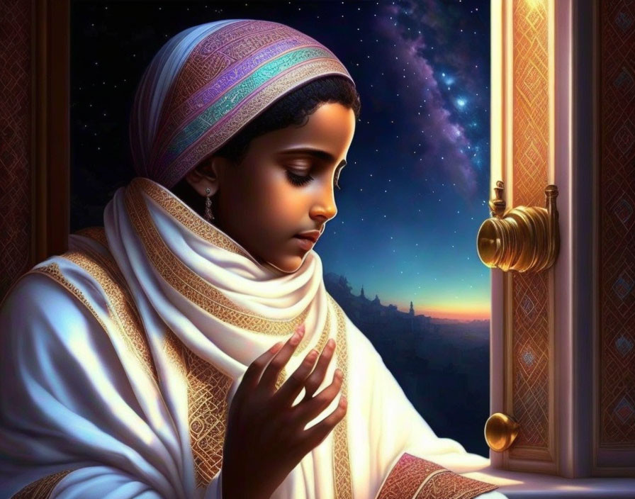 Traditional Attire Young Person Praying by Window with Night Sky