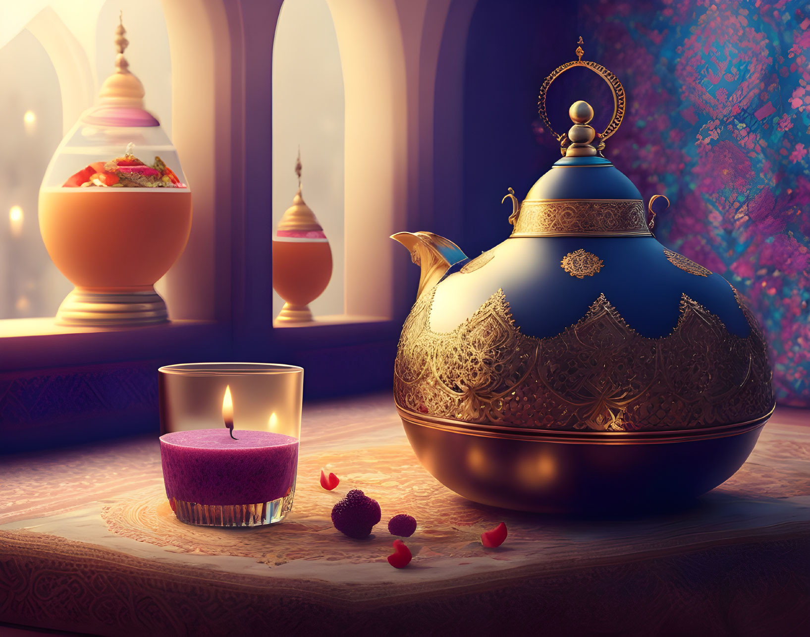 Golden Design Teapot Next to Lit Candle and Sunset Arch Background