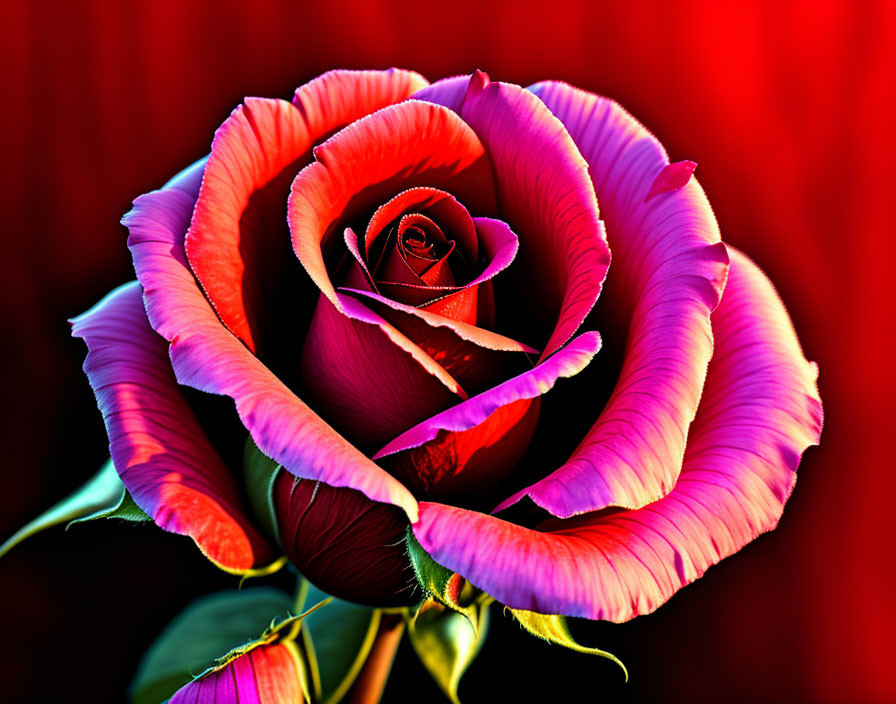 Close-up of vibrant rose with red gradient on blurred background