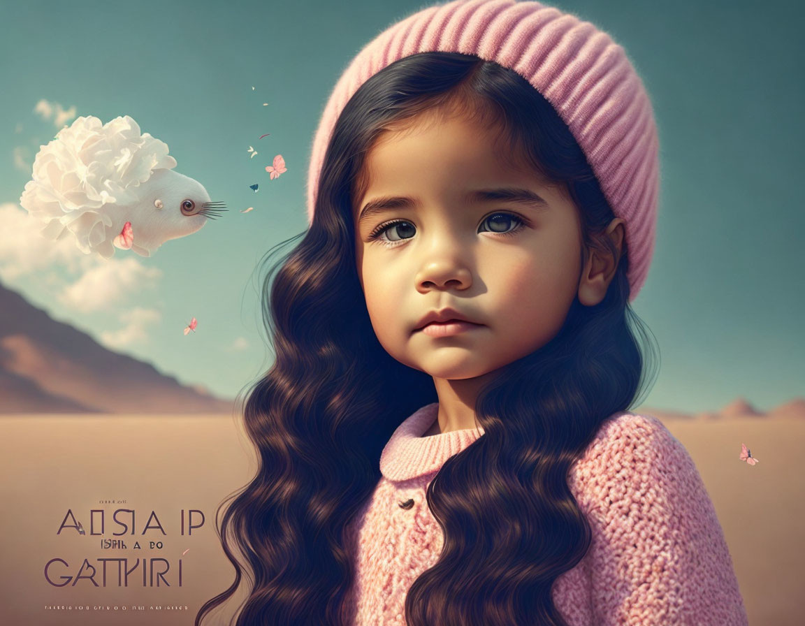 Young girl in pink hat gazes contemplatively with whimsical white creature in dusky sky