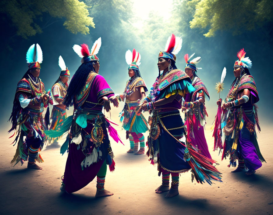 Native Americans in traditional attire performing ceremonial dance in forest.