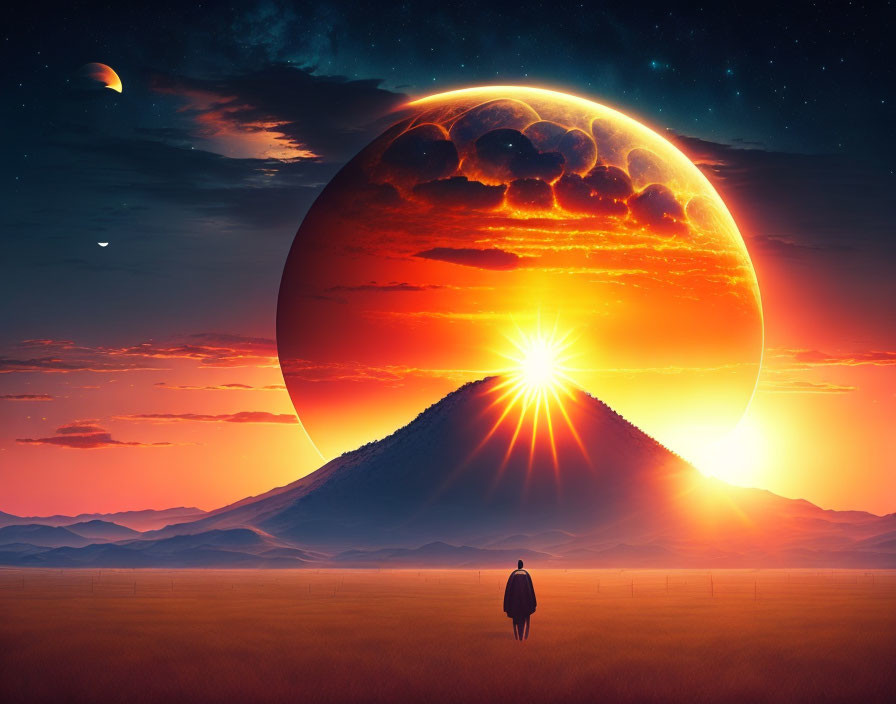 Person in surreal landscape with giant planet, multiple moons, and starry sky.