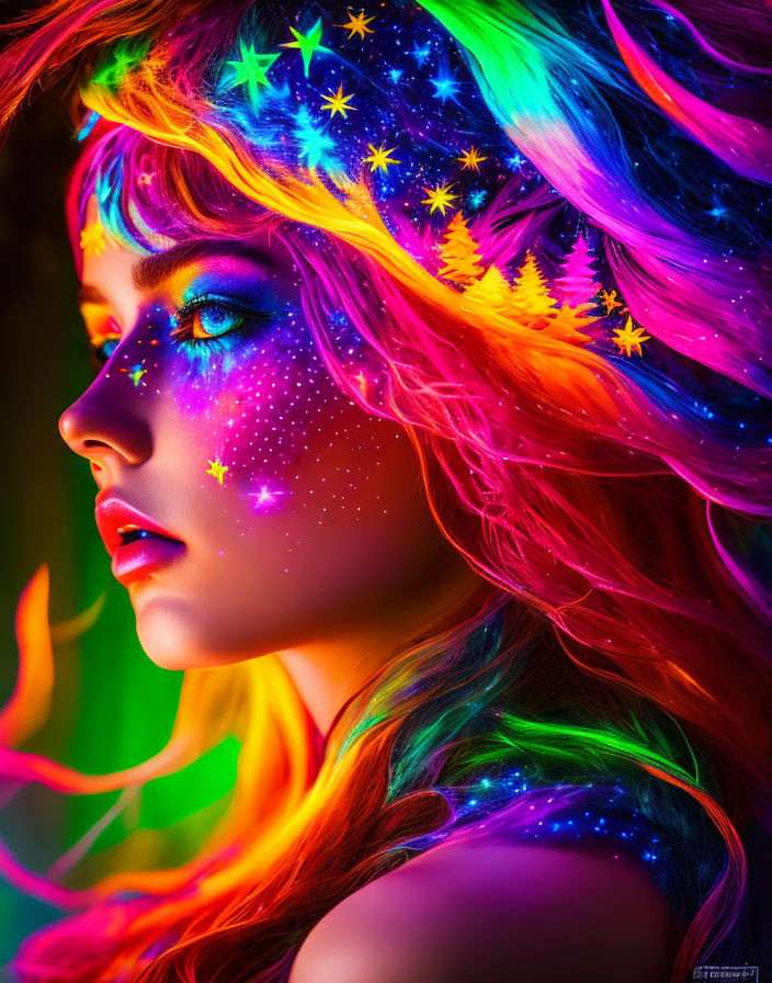 Colorful portrait with rainbow hair and cosmic makeup on neon background