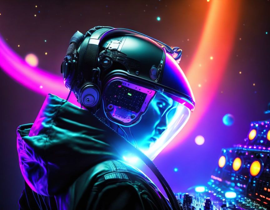 Futuristic DJ in digital helmet with neon lights