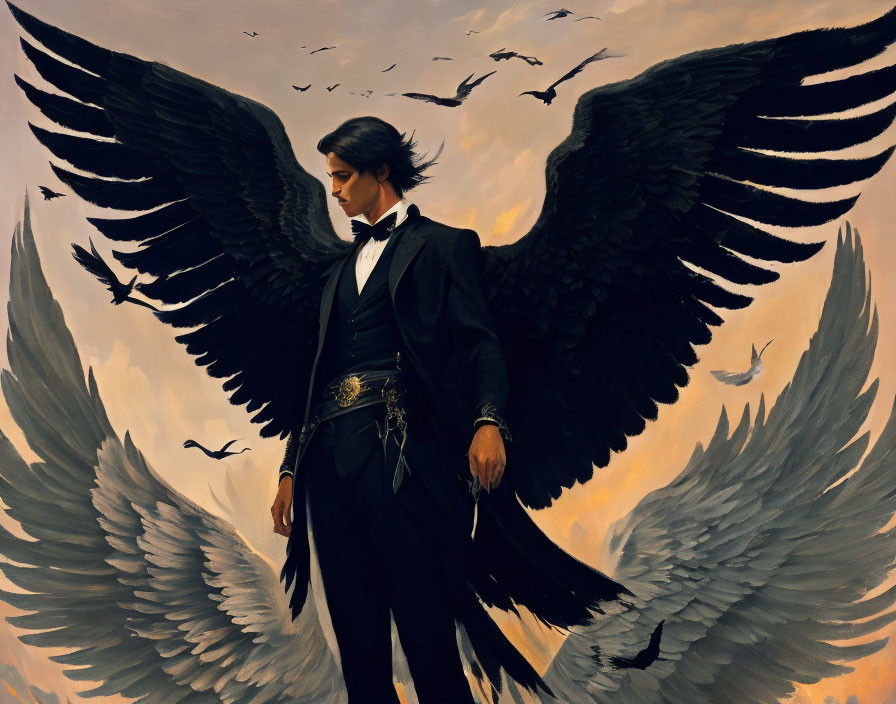 Man with Majestic Black Wings in Elegant Suit Against Cloudy Sky